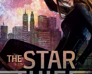 The Star Thief book cover by Jamie Grey featuring a woman in a futuristic city with a nebula sky.