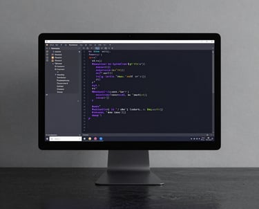 A clean, minimalist photo of a computer monitor in a dark room. The screen shows a sophisticated lines of React code with syntax highlighting in purple and white. The surrounding space is tidy and professional.