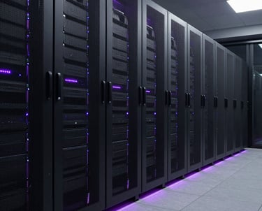 A wide shot of a modern, dark-themed server room with rows of cabinets. Subtle purple accent lights run along the floor, giving it a futuristic and high-tech feel.