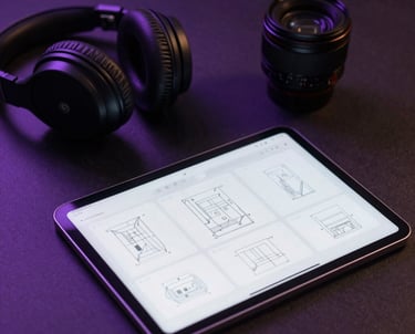 A photography of a tidy workspace featuring a sleek tablet with UI wireframes visible. A pair of professional headphones rests on the side. The lighting is moody with purple accents.