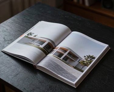 A photograph of an open architectural magazine showing minimalist building designs. The magazine lies on a dark, sleek desk. The lighting is focused and professional.