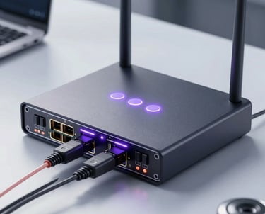 A professional shot of a high-speed fiber optic router with pulsing purple indicators, symbolizing fast loading and connectivity. The setting is a clean, modern tech environment.