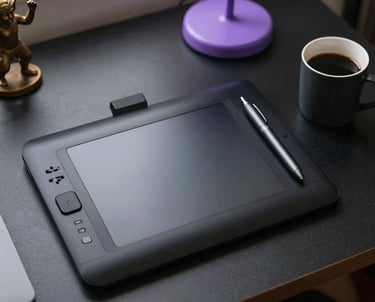 A top-down view of a designer's desk with a high-end drawing tablet, a metallic pen, and a sleek coffee mug. The desk is matte black, lit by a soft violet desk lamp. South Asian decor elements like a small brass figurine are subtly visible.