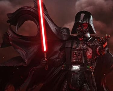 figura coleccionable Darth Vader con un sable de luz rojo brillante y armadura con daño de batalla
