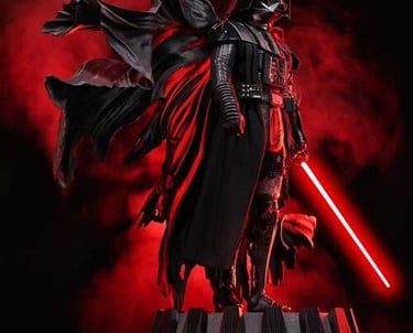 Estatua coleccionable de Darth Vader sosteniendo un sable de luz rojo brillante entre humo rojo