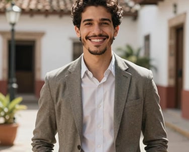 A portrait of a smiling young man looking confident and relaxed, wearing casual professional attire, standing in a bright courtyard in a Latin American setting, soft natural lighting.