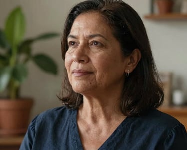 Portrait of a middle-aged woman looking hopeful and serene, soft light hitting her face, indoor setting with plants in a Latin American home, professional and high-quality.