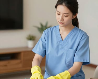 A caregiver assisting a senior with light house chores in a sunlit kitchen.