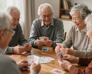A warm scene of a caregiver sharing a laugh with an elderly woman in a cozy living room.