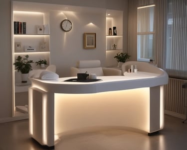 A serene spa room with soft lighting, cozy massage table, and nail polish display in the background.