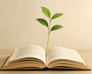 A green sapling grows from an open book —symbolising personal grow