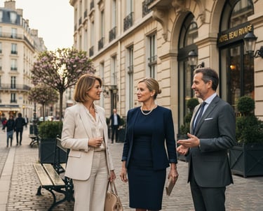 3 personnes discutent d'un projet d'investissement hôtelier devant un bel hôtel à Paris