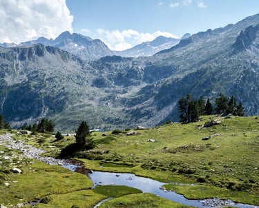 Photo paysage d'une scène de montagne avec un ruisseau d'eau et une montagne en arrière-plan