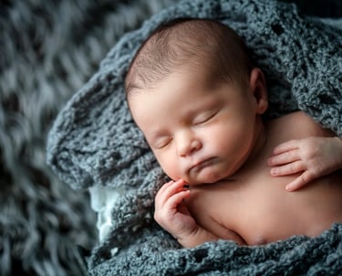 un bébé dort dans un plaid en tricot gris
