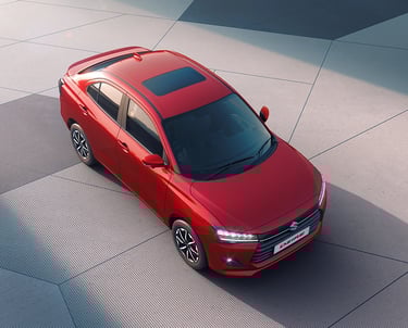 a red car parked on a tiled floor