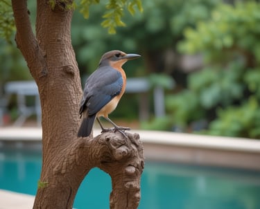 Two small, triangular wooden cabins are situated on a grassy field, with visible patches of wear and repair on their roofs. The cabins are elevated slightly above the ground and surrounded by a scenic backdrop of dense forest trees. Sunlight filters through the area, creating a serene and tranquil atmosphere.