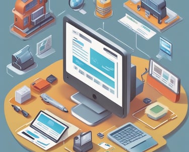 Modern office workspace with integrated computer systems and business equipment.