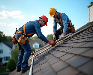 Residential roofing contractors installing new shingles on a New Jersey home