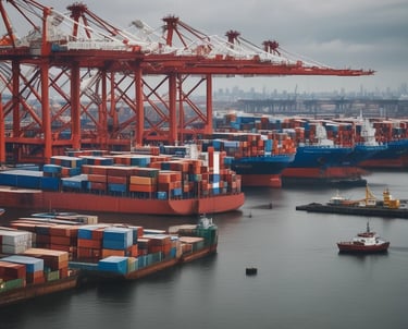 Large cargo ships are docked at a shipping port, with numerous cranes towering over the ships. The sky is overcast, giving the scene a muted, industrial appearance. Containers of various colors are stacked on the ships, indicating active trade and logistics operations.