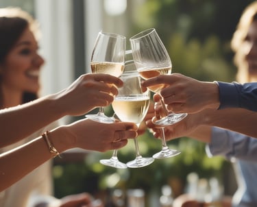 Several wine glasses are filled with a pinkish rosé wine, with reflections and refractions of light creating a shimmering effect. The glasses appear stacked or clustered together, showcasing an elegant arrangement with visible branding on the glass.