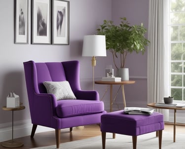 A bright yellow armchair with buttons on the backrest is positioned next to a tall, gray adjustable floor lamp. A modern silver laptop is open and placed on the seat of the chair. The room features wooden flooring and a plain, light-colored wall.