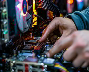 An image showing a computer technician working on the inside of a desktop computer adding RAM