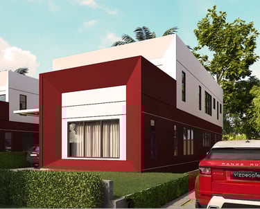 a red car parked in front of a building