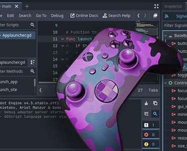 A game controller sitting over a coding interface.
