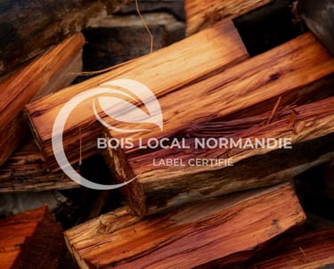 une pile de bûches de bois avec un logo dessus