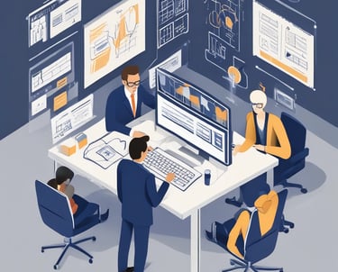 A team of professionals discussing plans over a conference table filled with documents.