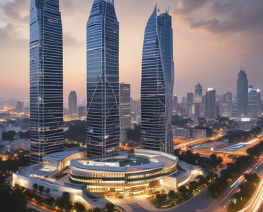 A tall beige building with rectangular windows and a large 'BCI' logo with a leaf symbol on the side. The building is set against a clear blue sky with some trees visible at the bottom right corner.
