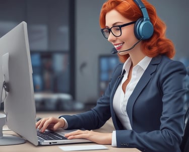 A friendly customer service representative assisting a client over the phone.