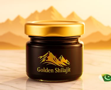 a jar of Golden shilajit with a mountain in the background