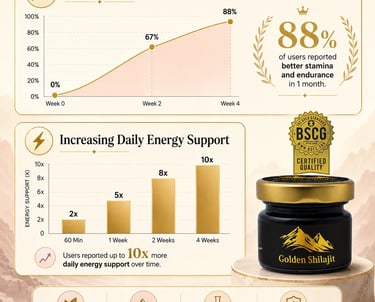 Infographic showing Golden Shilajit benefits for stamina, endurance, and 10x more daily energy support.