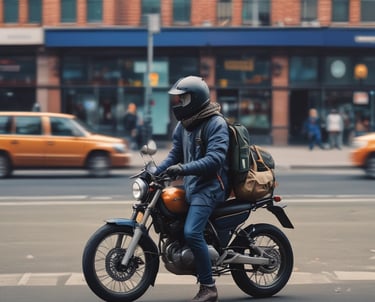 A delivery person handling packages in an urban setting.