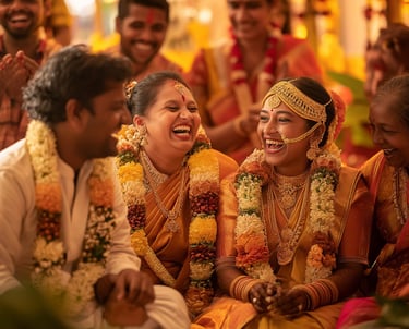 a bride and groomsmid are laughing and laughing
