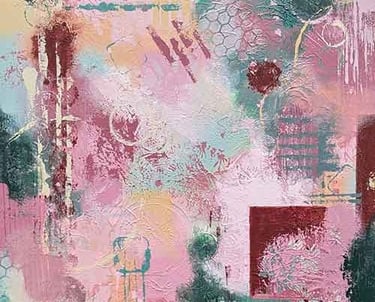 Abstract painting in muted pinks, greens, deep maroon, and muted yellow.