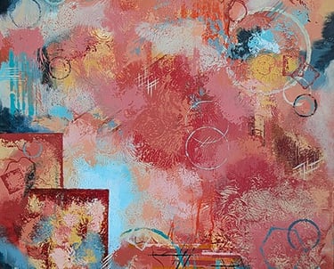 Textured abstract art in earthy siennas, muted greens, and softened brights.
