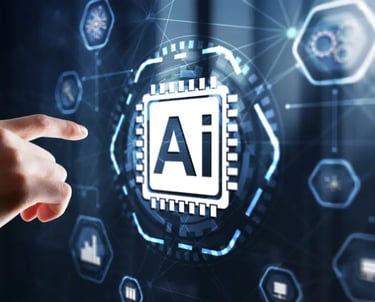 En hand pekar in mot en digital vägg med en vit AI-symbol.