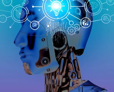 En blåaktig AI-robot har vita symboler över huvudet bla en glödlampa.