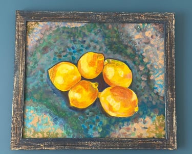 Cinq citrons d'un jaune éclatant sont disposés au centre de la toile, se détachant sur un fond