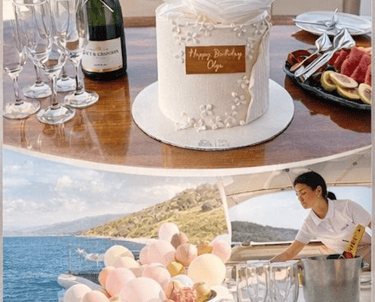 Private yacht birthday celebration setup in Bodrum with cake and decoration