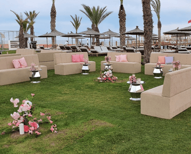 Outdoor lounge setup for private event with decoration in Bodrum