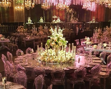 Luxury evening event decoration with chandeliers and floral centerpieces in Bodrum
