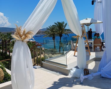 Luxury beach wedding setup with elegant decoration in Bodrum