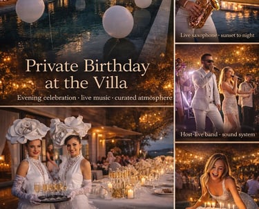 Luxury private birthday party at villa in Bodrum with decoration, lighting, and live music