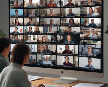 A group of people, some wearing masks, are gathered in a room with blue plastic chairs. One person is taking notes while others appear to be engaged in a conversation or medical examination. A board with writing is visible on the wall.