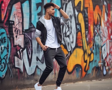 A man wearing a black jogger and a pair of white sneakers