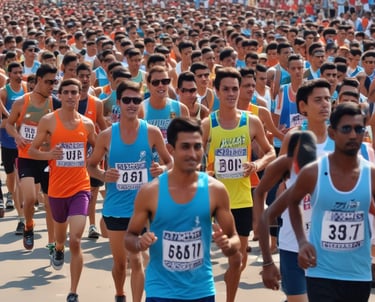 a group of people running in a marathon wearing printed singlet
