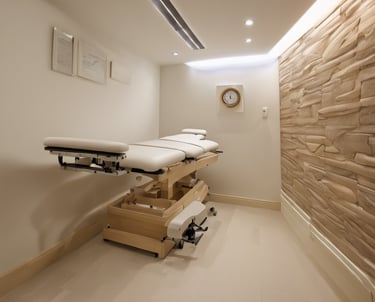 a massage room with a massage table and a painting